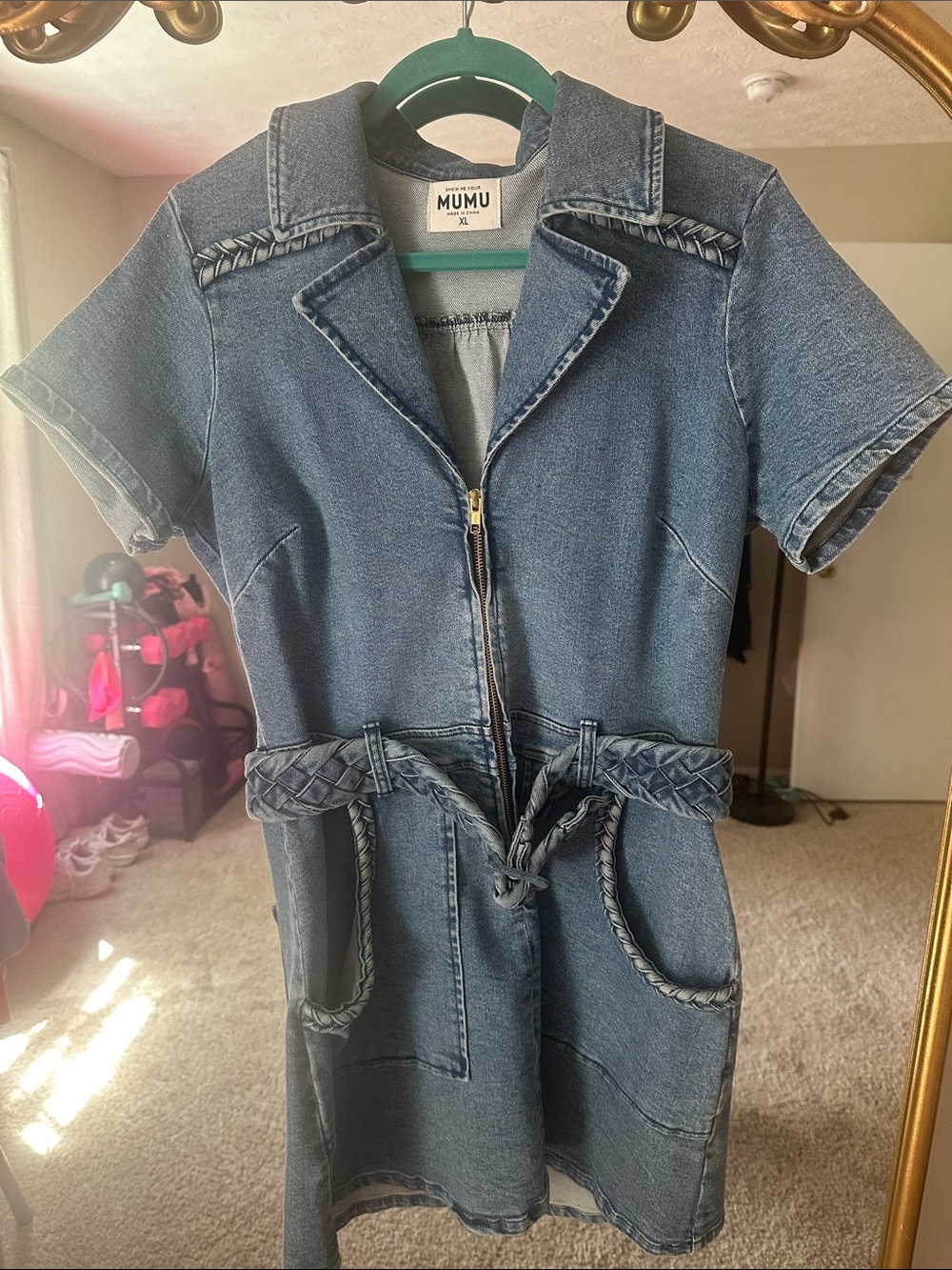 Show Me Your MuMu Blue Braided-Belt Denim Mini Dress